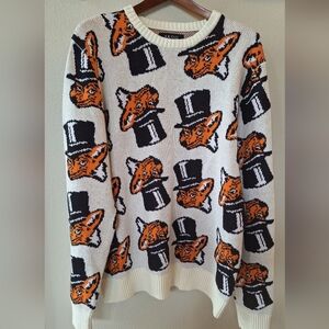 Akoo Slick'd All Over Fox Tophat Print Knit Sweater Mens size XL